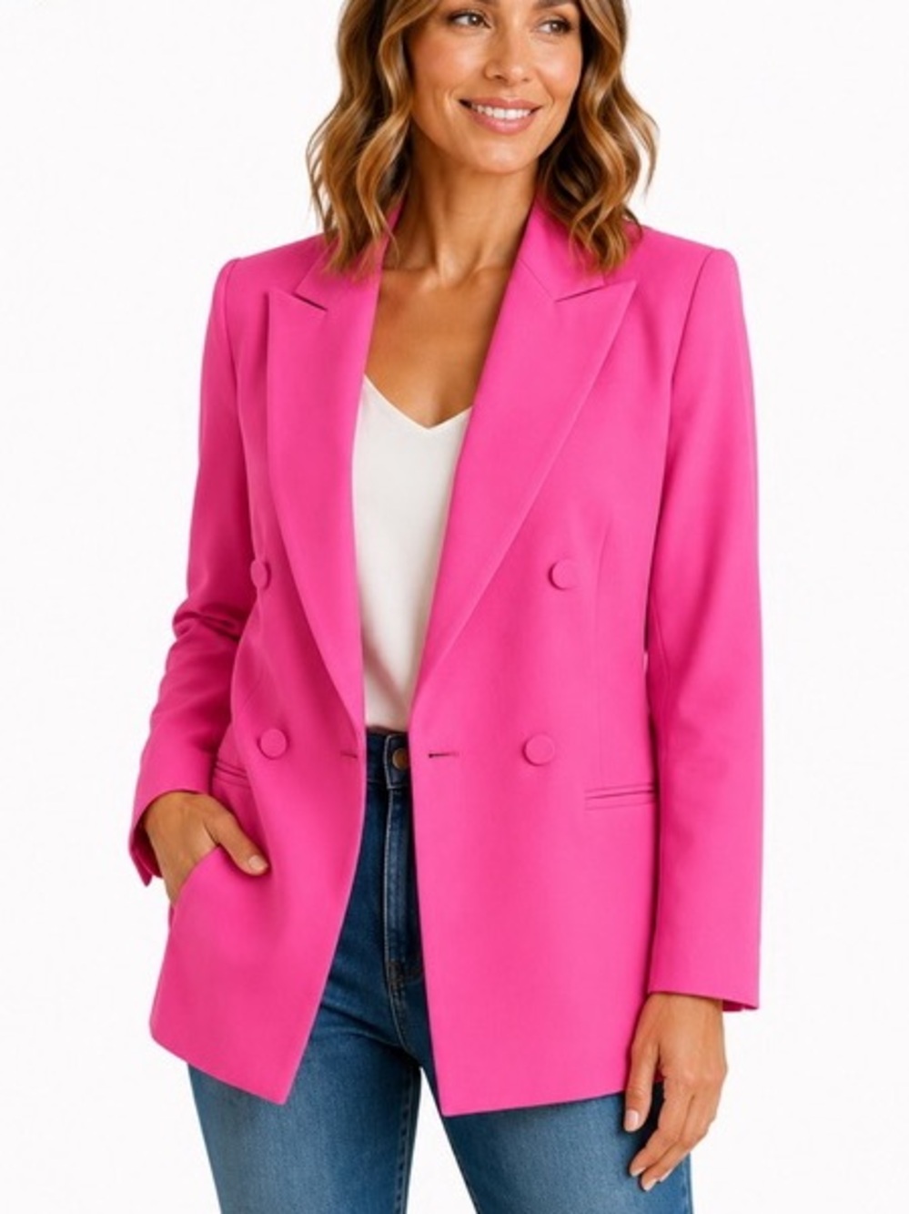 Express Chic Hot Pink Double Breasted Padded Shoulder Blazer Jacket Size XS NWOT